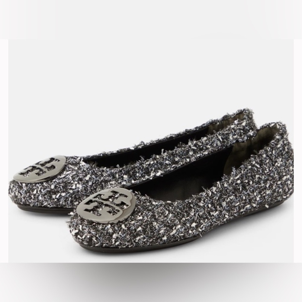 Tory Burch Minnie Travel Flat in Silver Confetti Sz 13